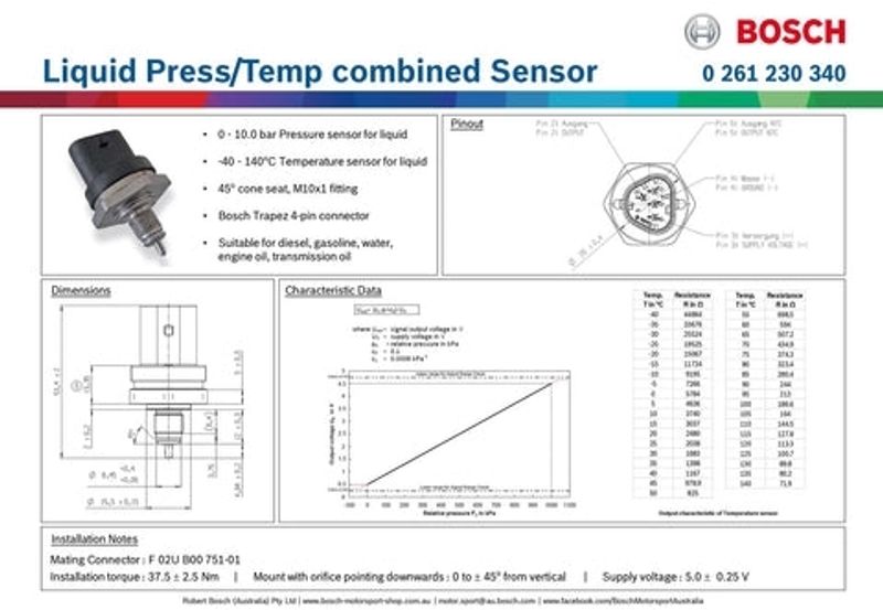 Bosch trykk- og temperatursensor (10bar / 140 °)